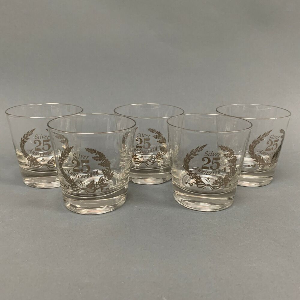 25th Silver Anniversary Old Fashion Clear Glasses Platinum 3 5/8" High Lot of 5‎